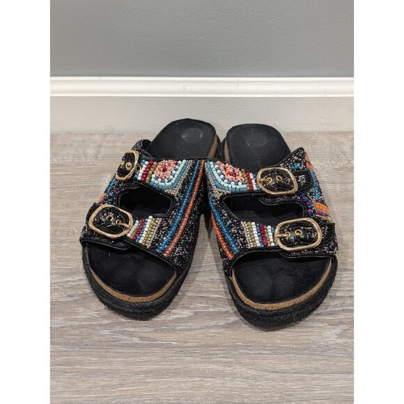 House Of Harlow 1960 Beaded Sandals Size 8.5 Colorful Buckle Flat Slide Boho - Picture 1 of 16